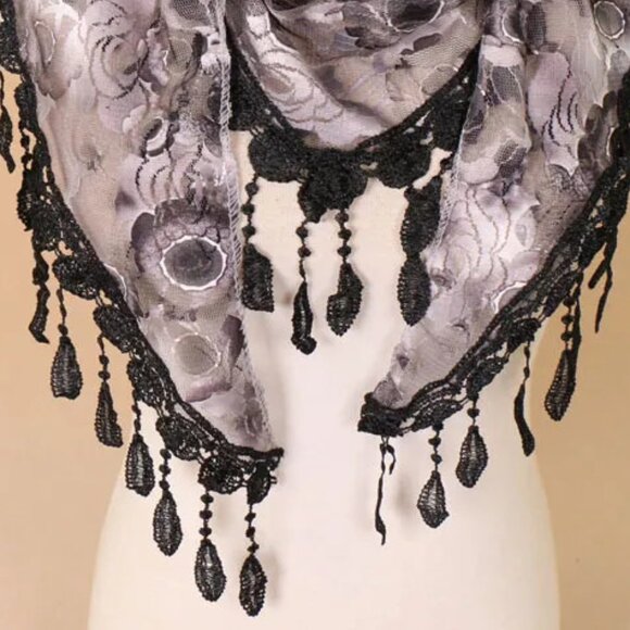 2/$30 Black & Grey Floral Lace Fringe Scarf Shawl Wrap Sheer Boho Vintage Style - Picture 6 of 7
